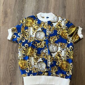 Vtg Caron Blue & Gold Short Sleeve high neck blouse Top size 8